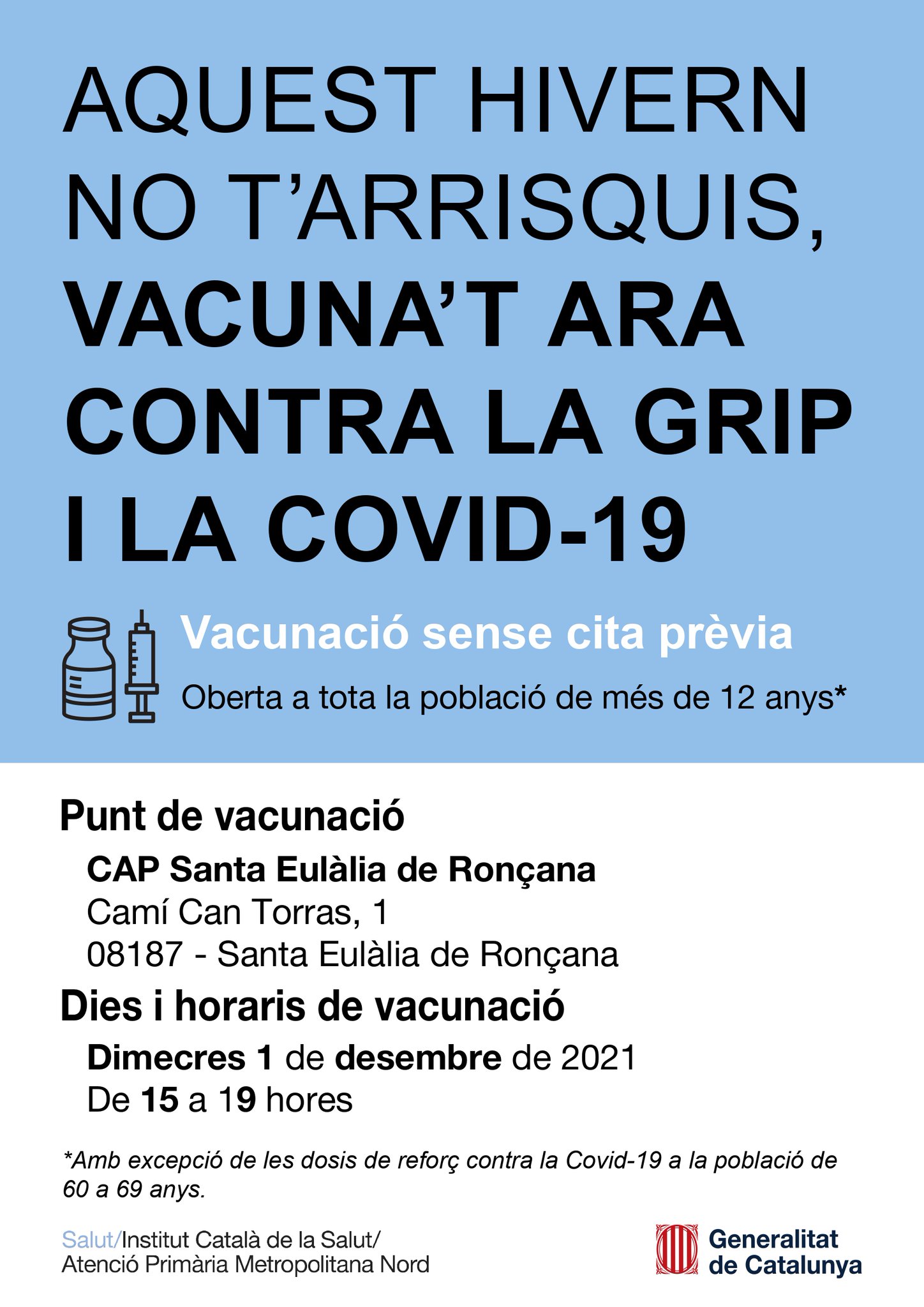 Vacunació sense cita prèvia contra la grip i la COVID-19 el dimecres 1 de desembre al CAP Santa Eulàlia de Ronçana